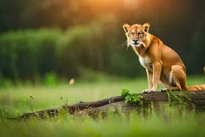 a lion sitting on a log in the middle of a field. AI-Generated photo