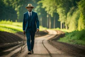 un hombre en un traje y sombrero caminando abajo un suciedad la carretera. generado por ai foto