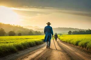 a man walking down a dirt road in a field. AI-Generated photo