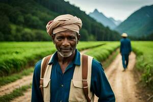 a man walking down a dirt road with a green field in the background. AI-Generated photo