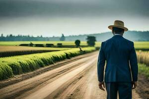 a man in a suit and hat walking down a dirt road. AI-Generated photo