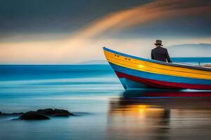 a man in a boat with a rainbow in the sky. AI-Generated photo