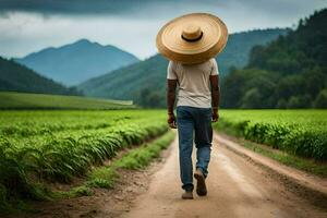 a man wearing a straw hat walks down a dirt road. AI-Generated photo
