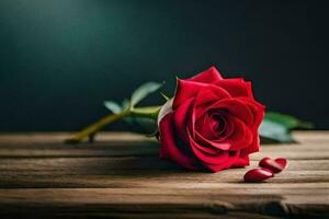 a single red rose on a wooden table with hearts. AI-Generated photo