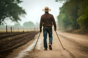 un hombre caminando en un suciedad la carretera con un caña. generado por ai foto