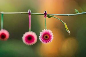 three pink flowers hanging from a branch. AI-Generated photo