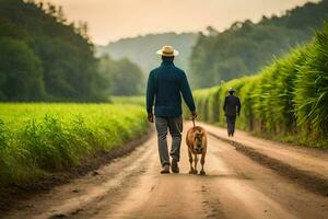 un hombre caminando su perro abajo un suciedad la carretera. generado por ai foto