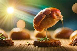 a chicken is sitting on top of a piece of meat. AI-Generated photo