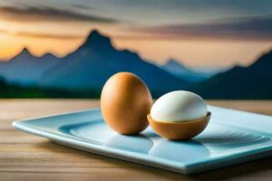 eggs on a plate with mountains in the background. AI-Generated photo