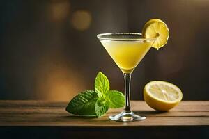 a martini with lemon and mint on a wooden table. AI-Generated photo