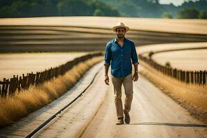 a man in a hat walks down a dirt road. AI-Generated photo