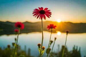 pink flowers are in front of a lake at sunset. AI-Generated photo