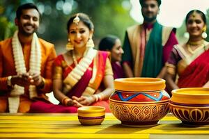 a group of people in indian attire sitting around a table with bowls. AI-Generated photo