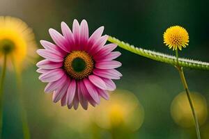 a pink flower and yellow flower are in the middle of a field. AI-Generated photo