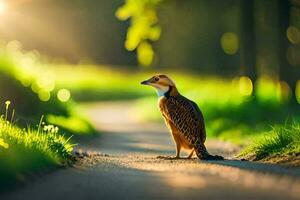 a bird is standing on a road in the sunlight. AI-Generated photo