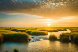 the sun sets over a marshy field with grass and water. AI-Generated photo