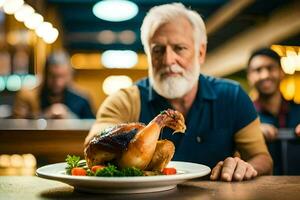 an older man is holding a chicken on a plate. AI-Generated photo