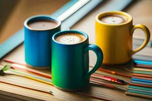 two colorful coffee mugs sit on a table with pencils. AI-Generated photo