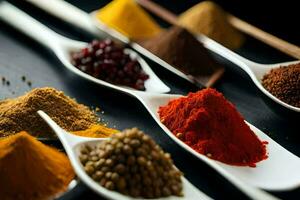 spoons filled with different types of spices. AI-Generated photo