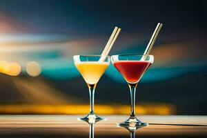 two cocktails with straws on a table. AI-Generated photo