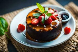 the chocolate cake with strawberries and chocolate sauce is served on a white plate. AI-Generated photo