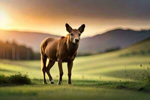 un caballo en pie en el medio de un campo. generado por ai foto