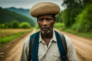 un hombre vistiendo un sombrero en un suciedad la carretera. generado por ai foto