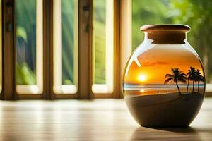 a vase with a sunset and palm trees on it. AI-Generated photo
