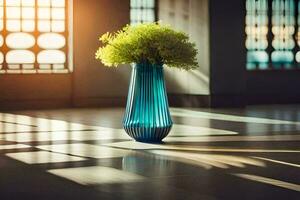 a blue vase with green flowers sitting in front of a window. AI-Generated photo