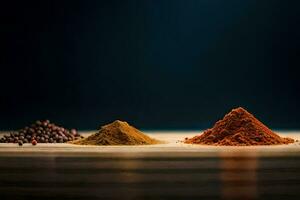 three different types of spices on a wooden table. AI-Generated photo