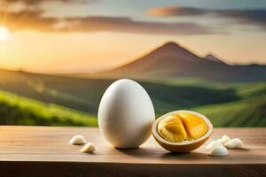 the egg is half open and the shell is on the table. AI-Generated photo