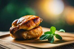 un pedazo de pollo en un de madera plato con un verde hoja. generado por ai foto