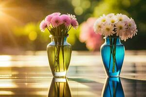 two vases with flowers sitting on a table. AI-Generated photo