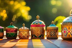 a row of colorful decorative jars on a wooden table. AI-Generated photo
