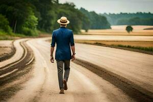 un hombre en un sombrero y traje caminando abajo un suciedad la carretera. generado por ai foto