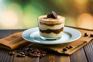 coffee and dessert on a wooden table. AI-Generated photo