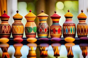 a row of colorful wooden dolls with decorative designs. AI-Generated photo