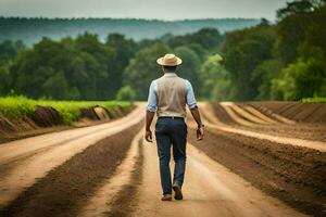 un hombre en un sombrero camina abajo un suciedad la carretera. generado por ai foto