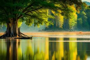 un árbol es en pie en el medio de un lago. generado por ai foto