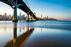 the city skyline is reflected in the water under a bridge. AI-Generated photo