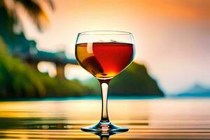 a glass of wine on the beach at sunset. AI-Generated photo