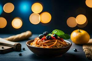 espaguetis con arándanos y Tomates en un bol. generado por ai foto