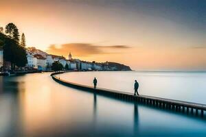 two people walk along a pier at sunset. AI-Generated photo