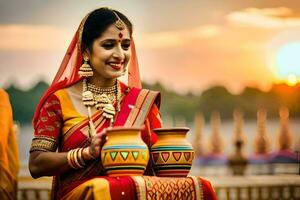 a woman in traditional indian attire is holding a pot. AI-Generated photo