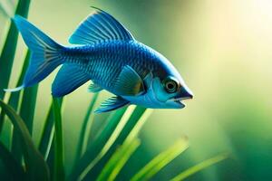 a blue fish is swimming in the grass. AI-Generated photo