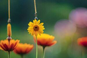 yellow flowers hanging from a string in front of a green background. AI-Generated photo