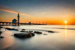 el Dom sube terminado un muelle y un faro. generado por ai foto