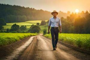 un hombre en un sombrero camina abajo un suciedad la carretera. generado por ai foto