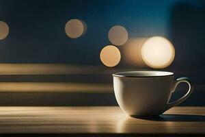 a cup of coffee on a table in front of a blurred background. AI-Generated photo