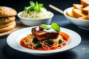 a plate of spaghetti with meat and vegetables. AI-Generated photo